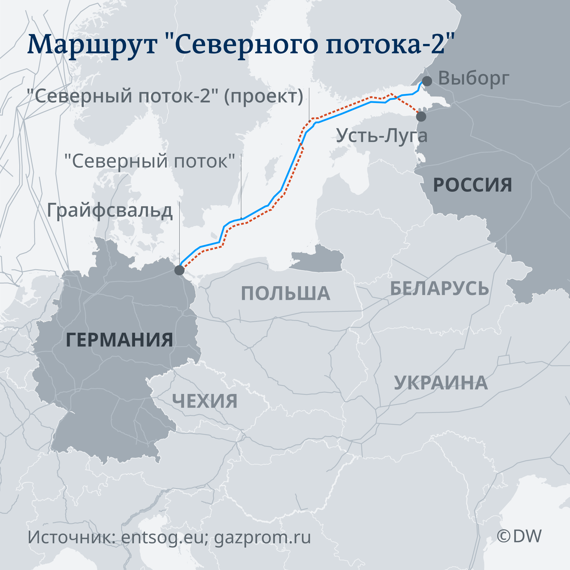Карта прохождения газопровода "Северный поток-2"